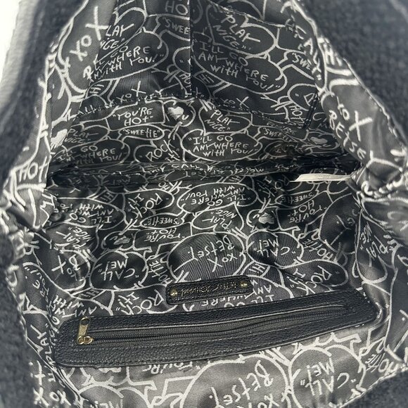 Betsey Johnson Black & White Tweed Tote Bag With Chain Straps & Decorative Pins - Picture 5 of 7